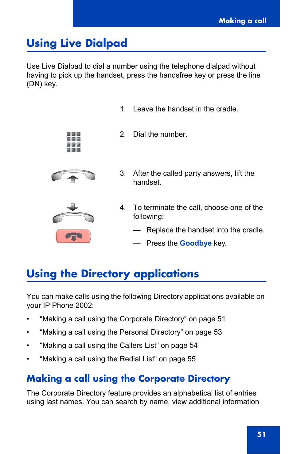 Using live dialpad, Using the directory applications, Making a call using the corporate directory | Nortel Networks 2002 User Manual | Page 51 / 152