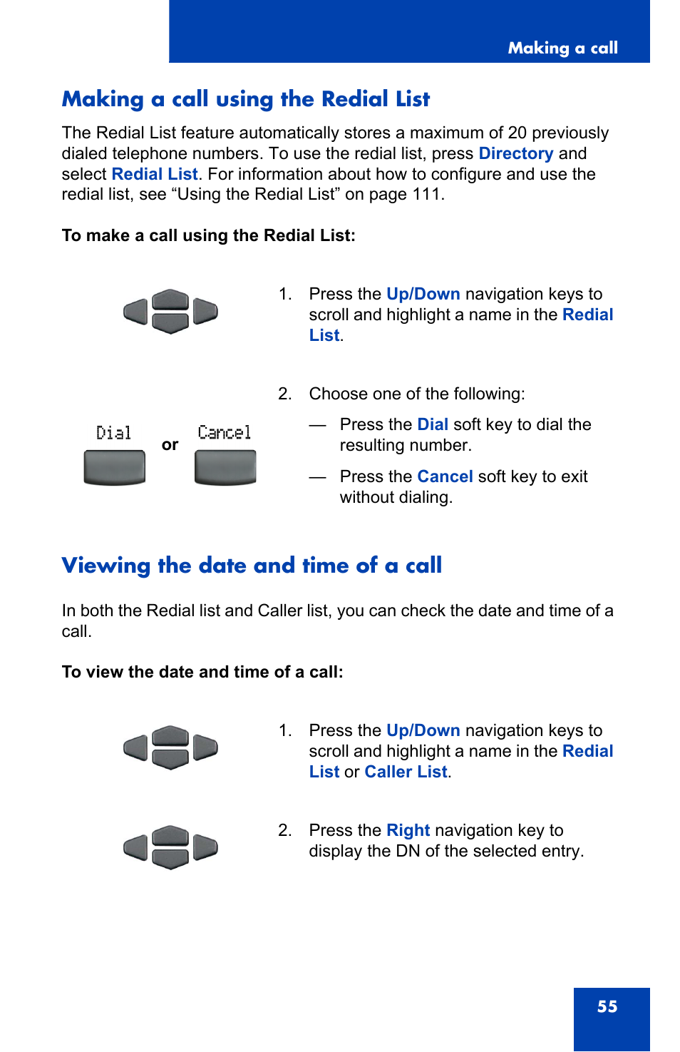 Making a call using the redial list, Viewing the date and time of a call | Nortel Networks 2002 User Manual | Page 55 / 152