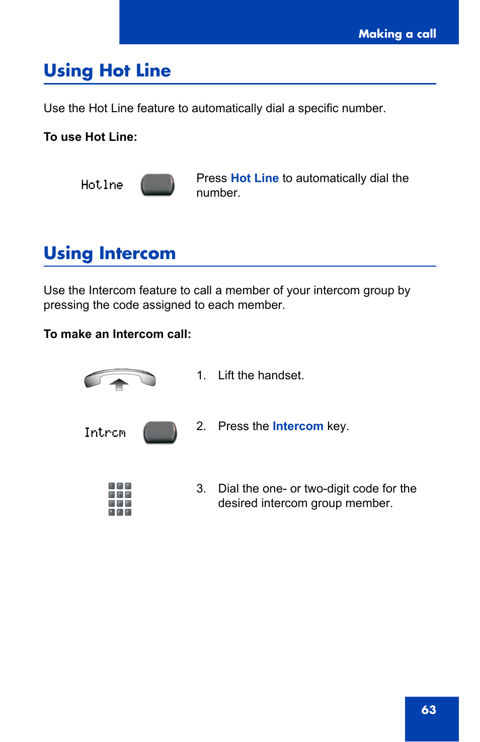 Using hot line, Using intercom | Nortel Networks 2002 User Manual | Page 63 / 152