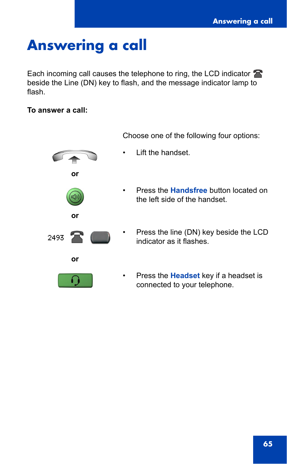 Answering a call | Nortel Networks 2002 User Manual | Page 65 / 152