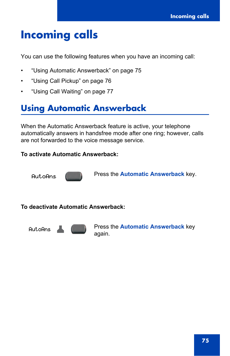 Incoming calls, Using automatic answerback | Nortel Networks 2002 User Manual | Page 75 / 152