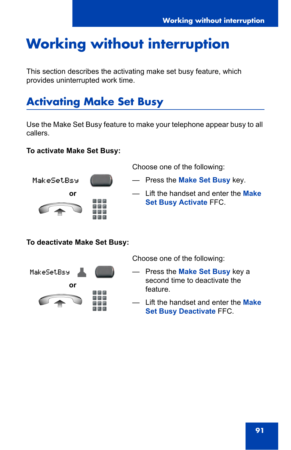 Working without interruption, Activating make set busy | Nortel Networks 2002 User Manual | Page 91 / 152