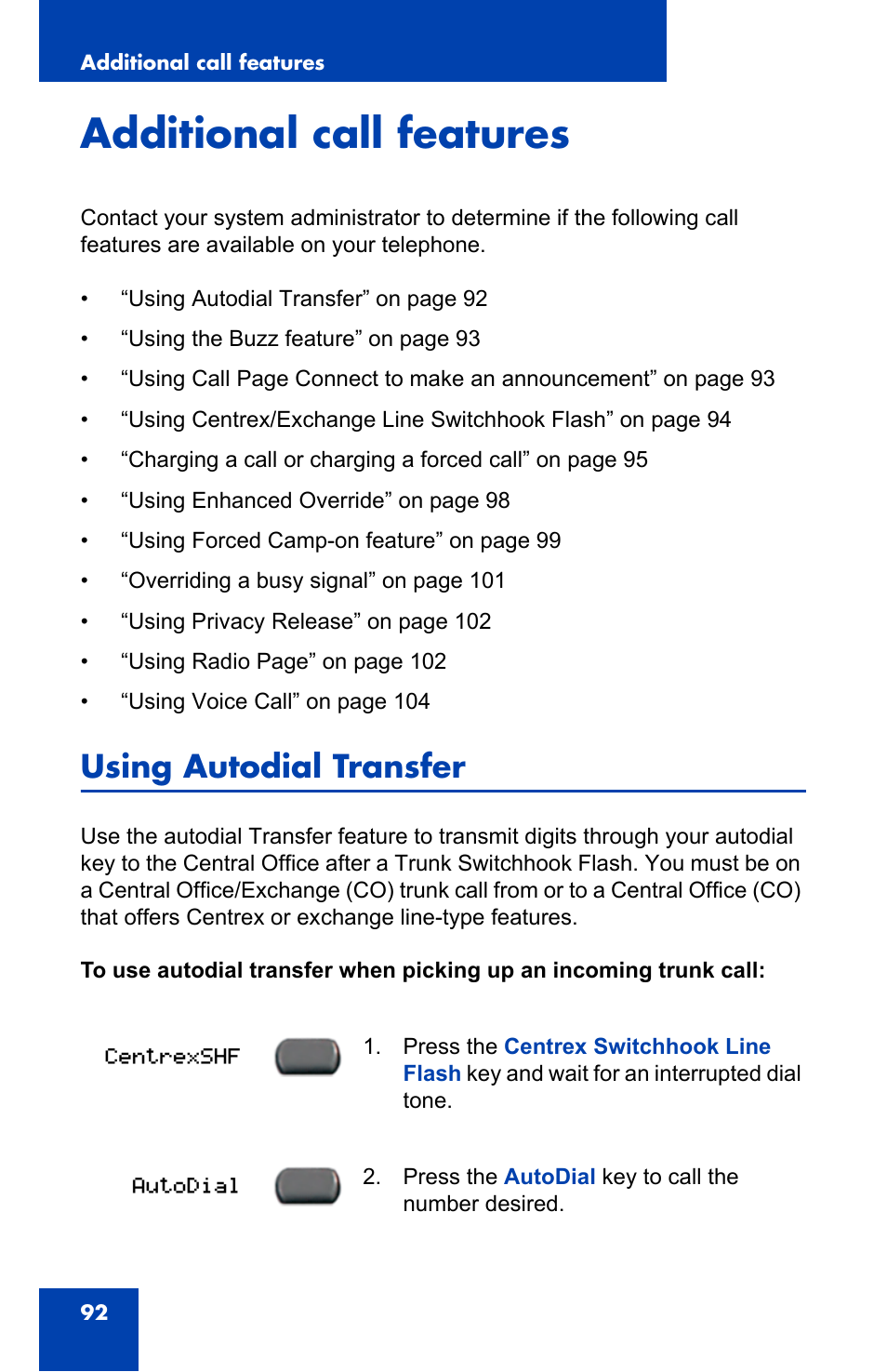 Additional call features, Using autodial transfer | Nortel Networks 2002 User Manual | Page 92 / 152