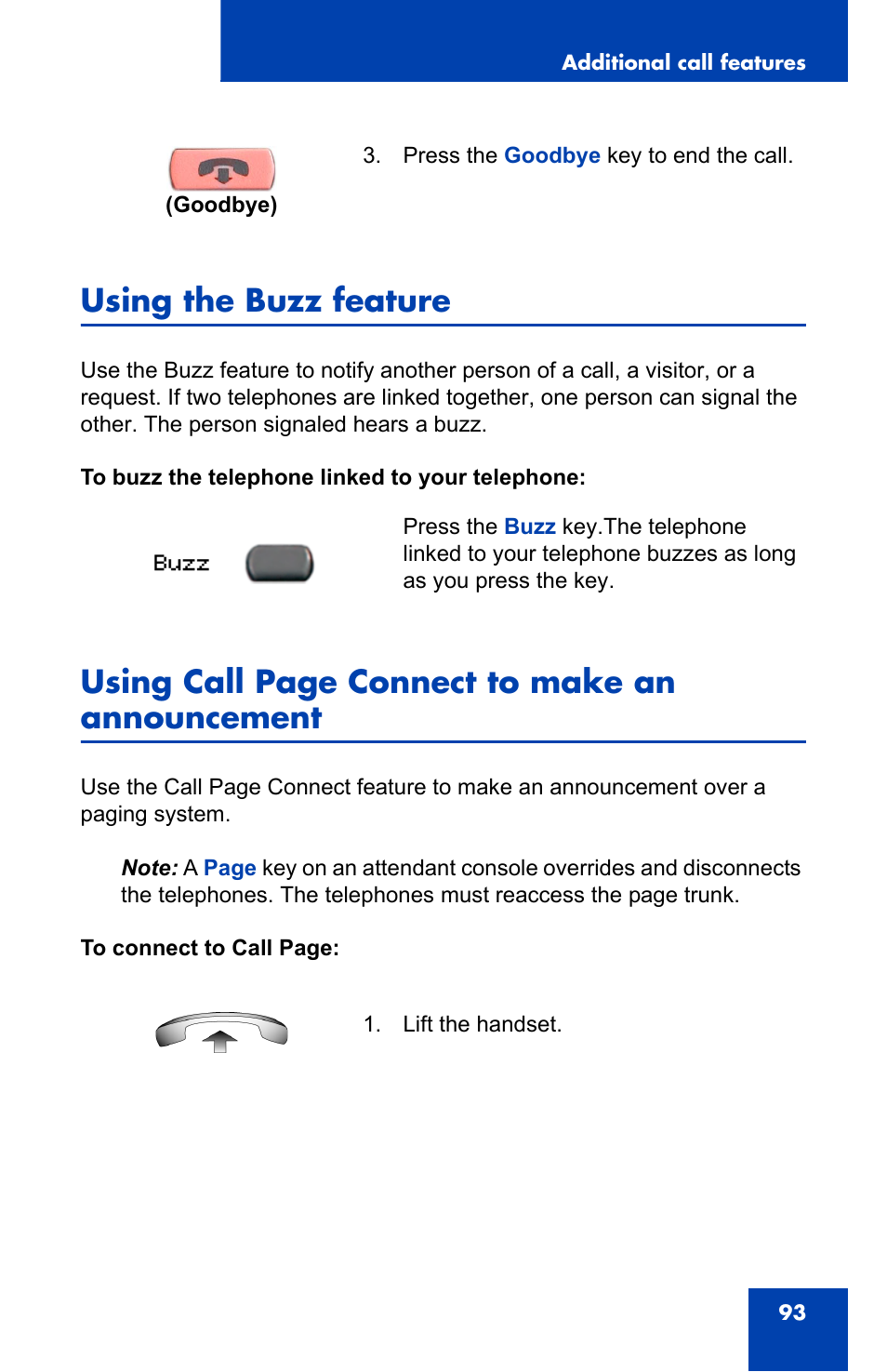 Using the buzz feature, Using call page connect to make an announcement | Nortel Networks 2002 User Manual | Page 93 / 152