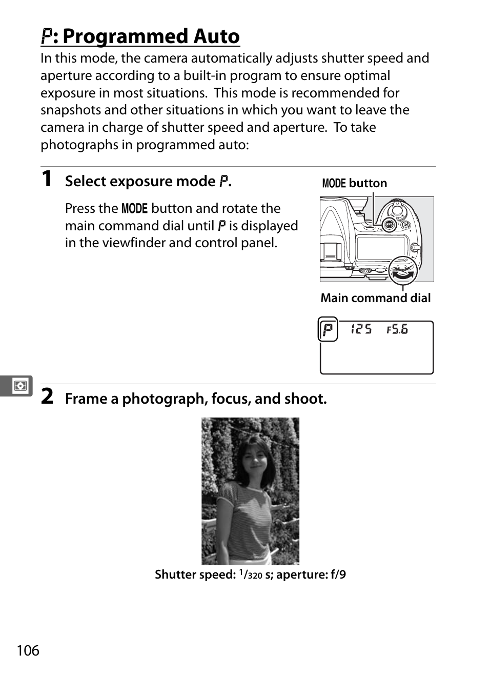 P: programmed auto, E: programmed auto | Nikon D300s User Manual | Page 132 / 432