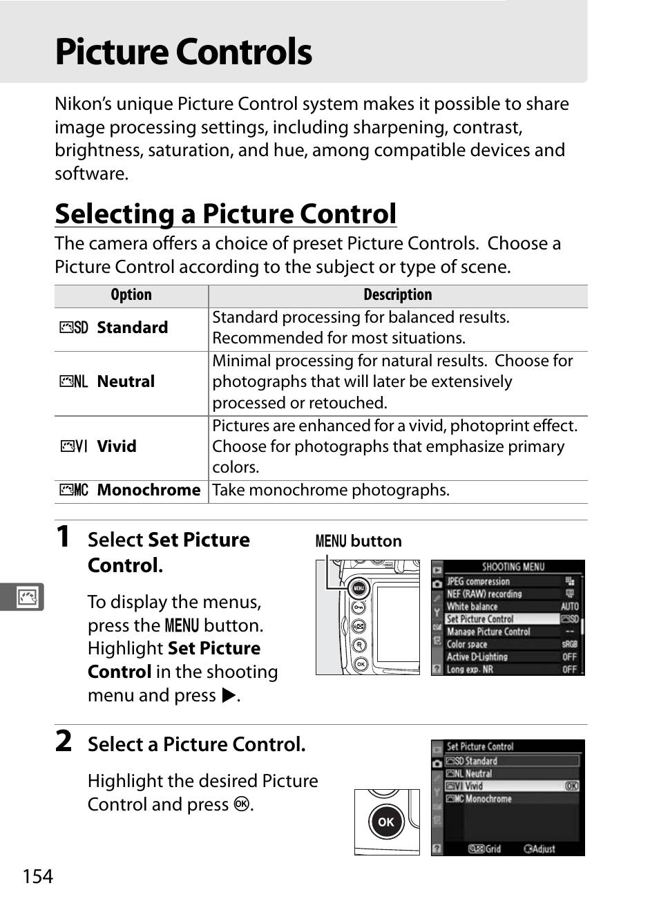 Picture controls, Selecting a picture control | Nikon D300s User Manual | Page 180 / 432