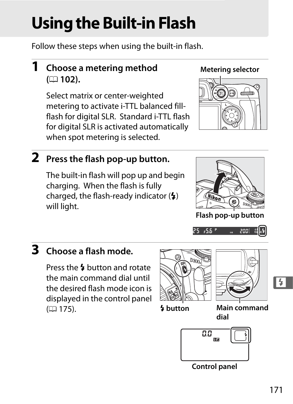 Using the built-in flash | Nikon D300s User Manual | Page 197 / 432