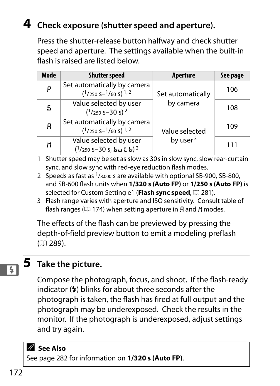Check exposure (shutter speed and aperture), Take the picture | Nikon D300s User Manual | Page 198 / 432