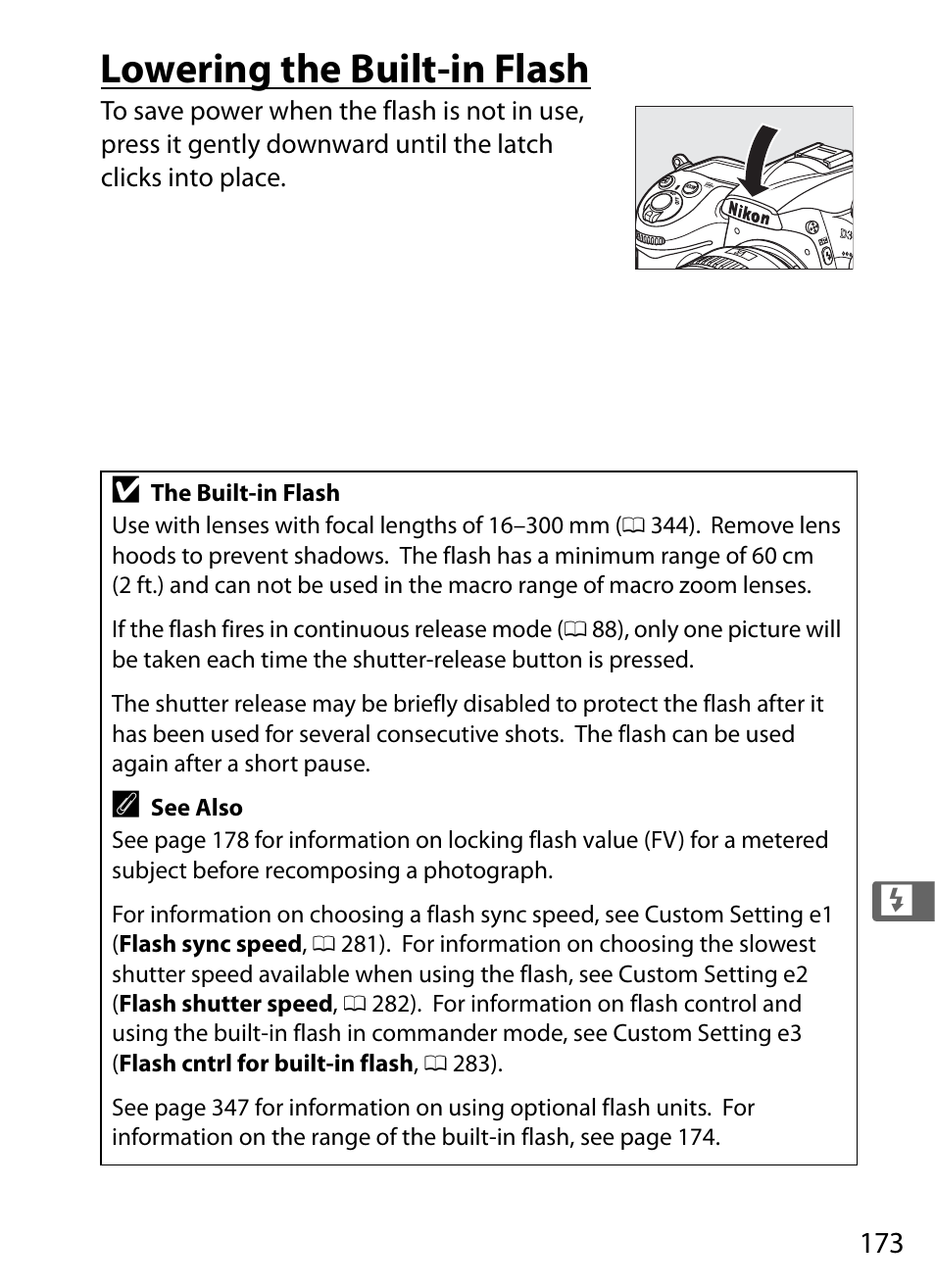 Lowering the built-in flash | Nikon D300s User Manual | Page 199 / 432