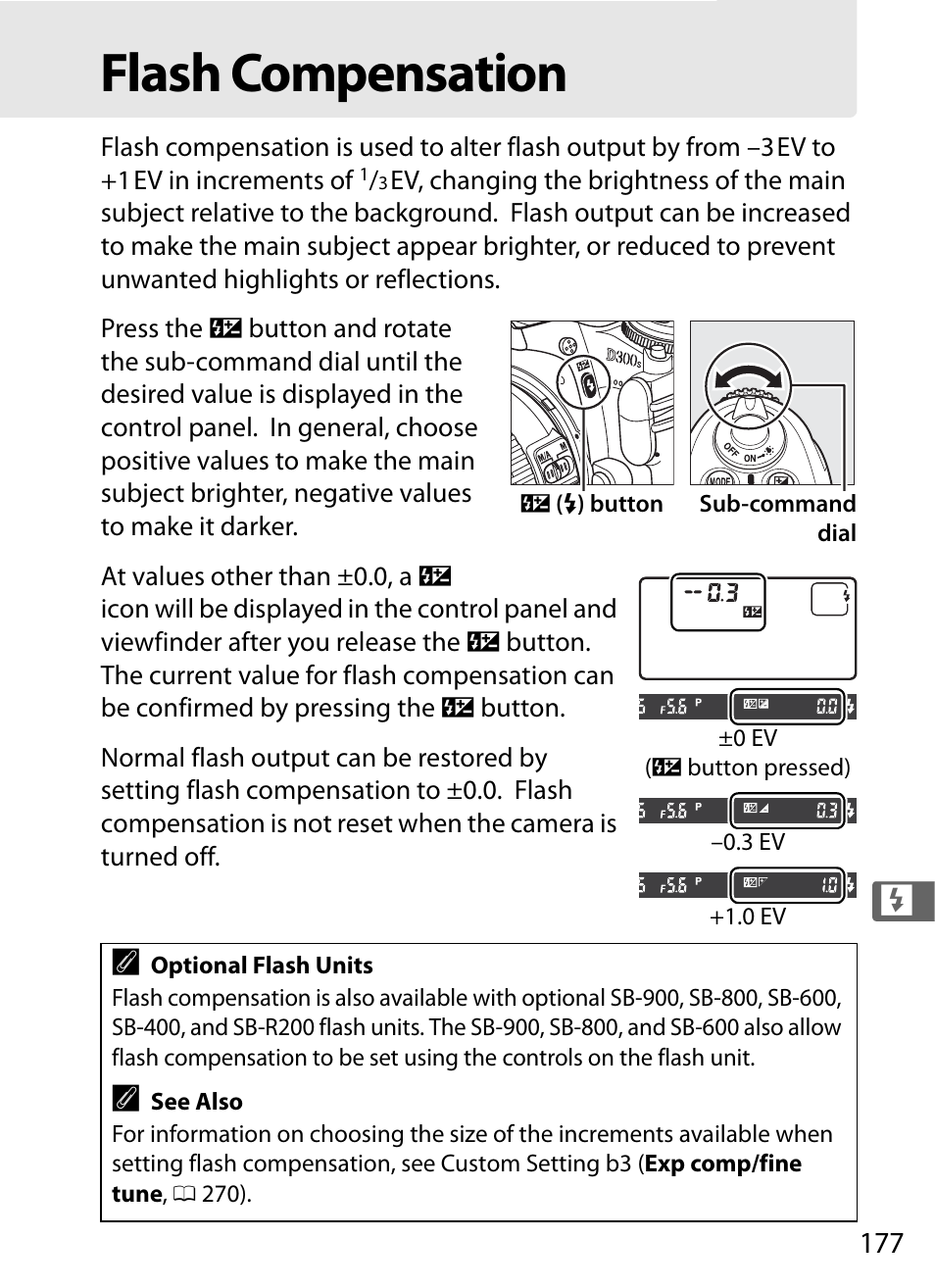 Flash compensation | Nikon D300s User Manual | Page 203 / 432