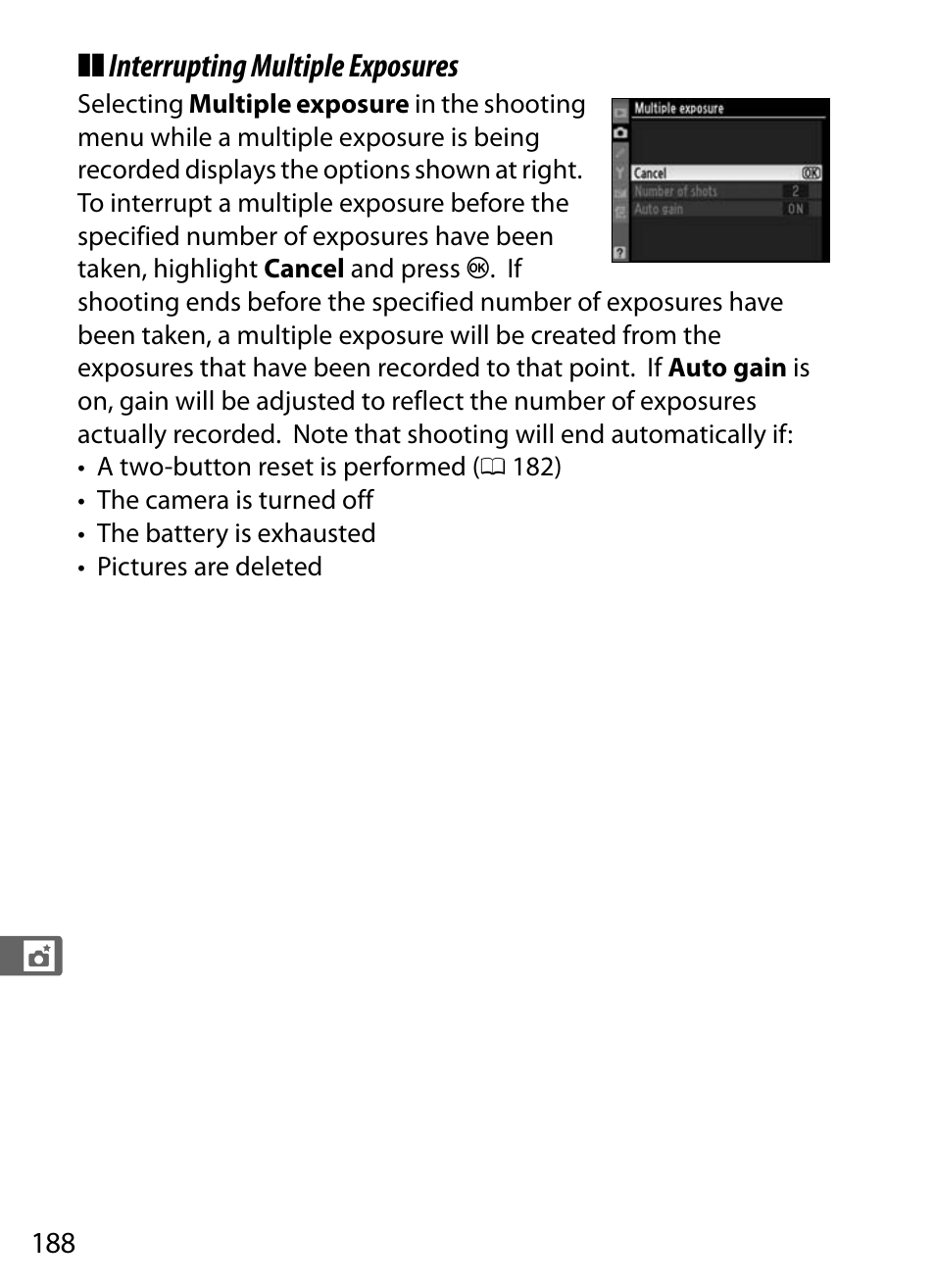 Interrupting multiple exposures | Nikon D300s User Manual | Page 214 / 432