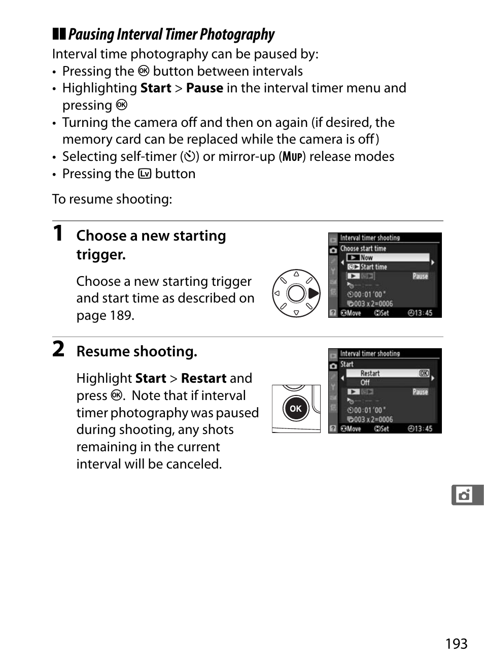 Pausing interval timer photography | Nikon D300s User Manual | Page 219 / 432
