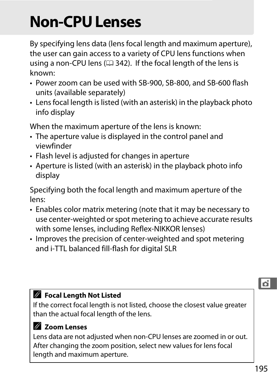 Non-cpu lenses | Nikon D300s User Manual | Page 221 / 432