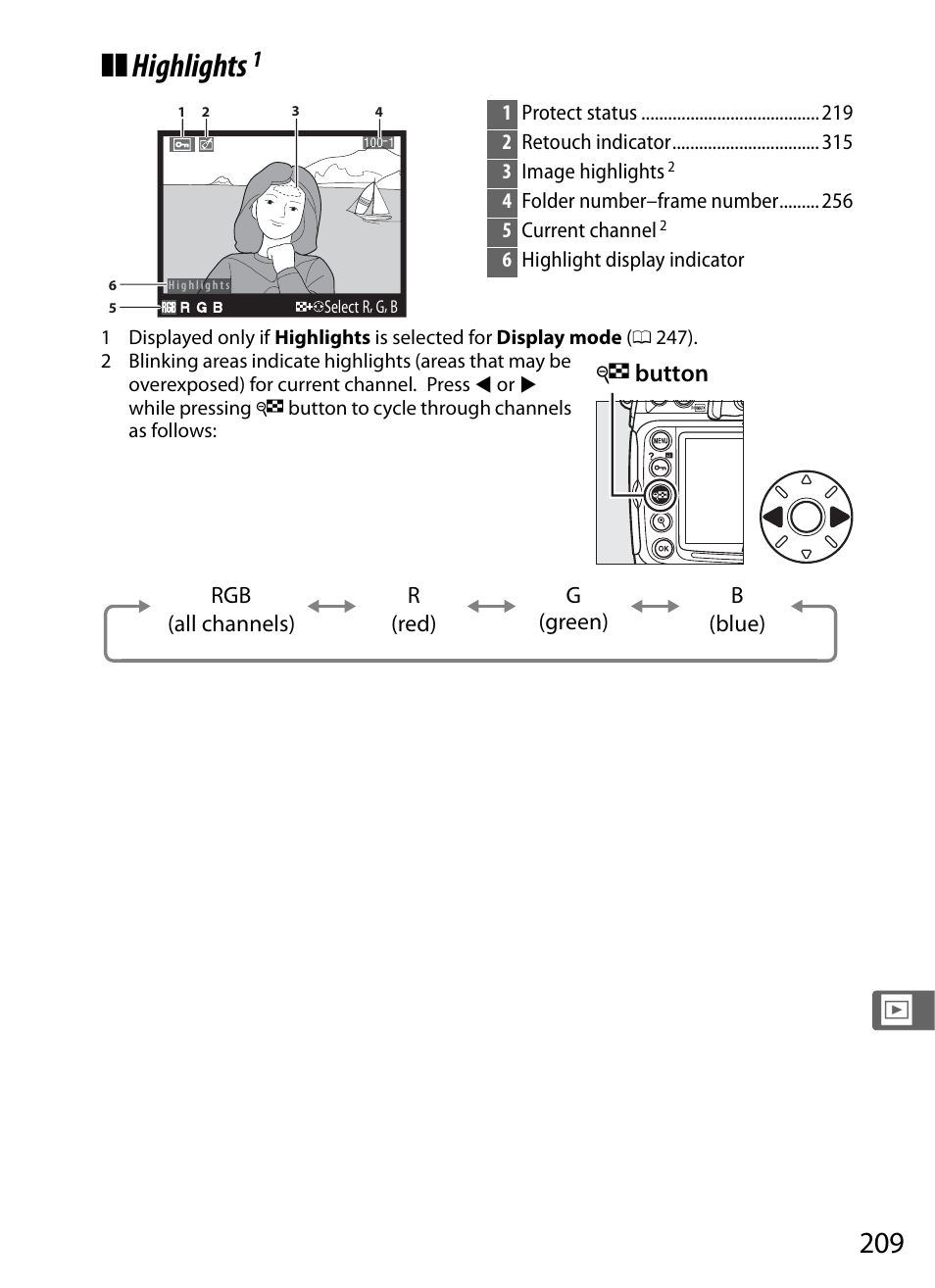Highlights, W button | Nikon D300s User Manual | Page 235 / 432