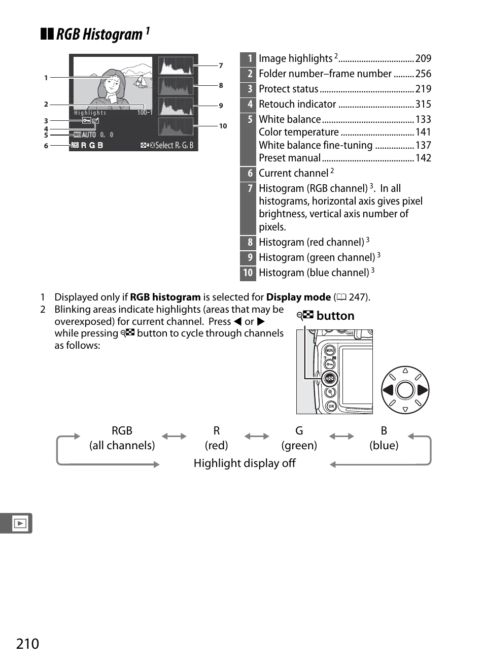 Rgb histogram, W button | Nikon D300s User Manual | Page 236 / 432