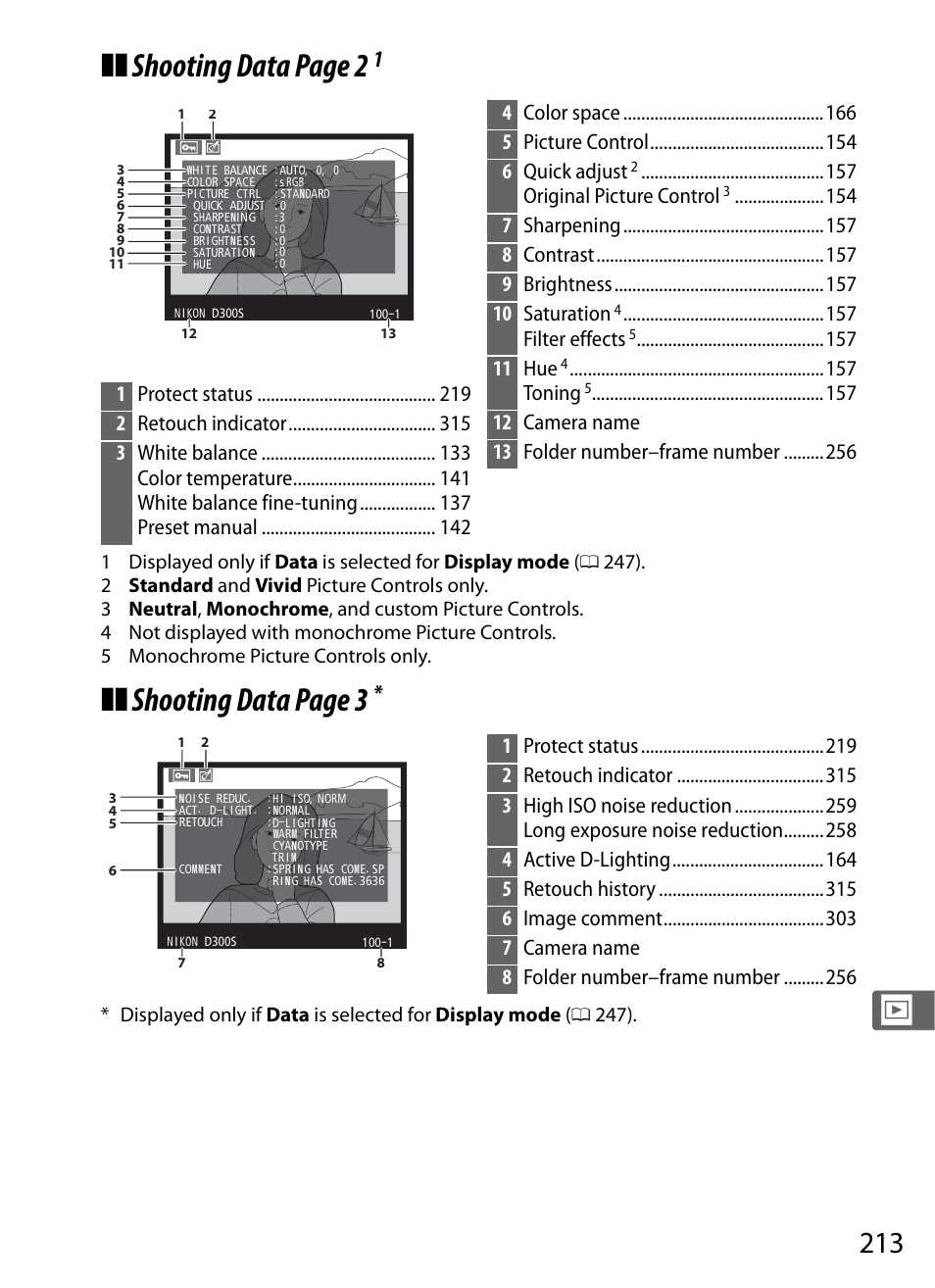 Shooting data page 2, Shooting data page 3, 4color space 5 picture control 6 quick adjust | Original picture control, Filter effects, 11 hue, Toning, 12 camera name 13 folder number–frame number | Nikon D300s User Manual | Page 239 / 432