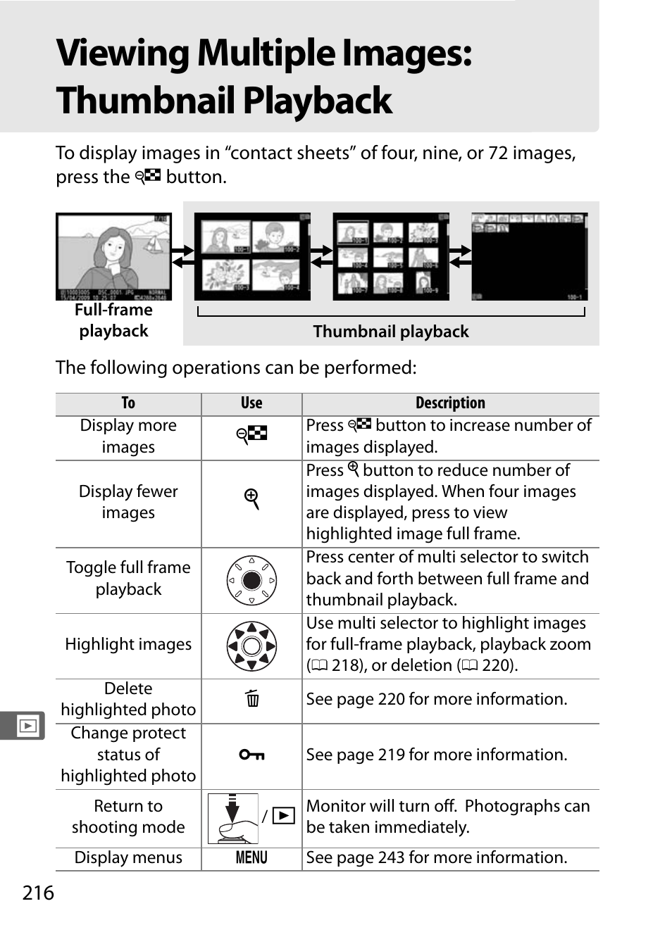 Viewing multiple images: thumbnail playback | Nikon D300s User Manual | Page 242 / 432