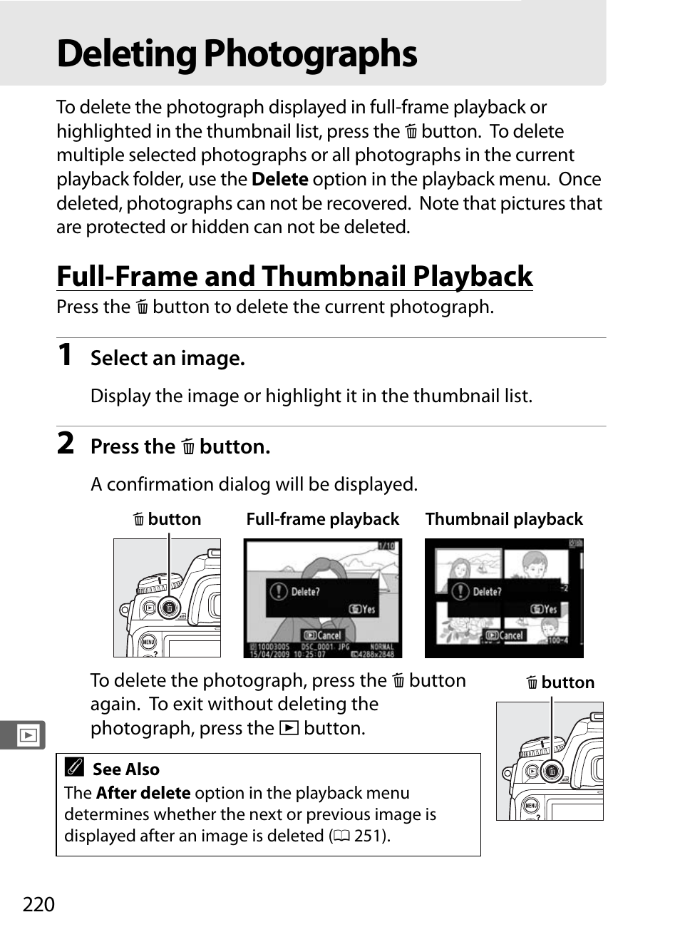 Deleting photographs, Full-frame and thumbnail playback | Nikon D300s User Manual | Page 246 / 432