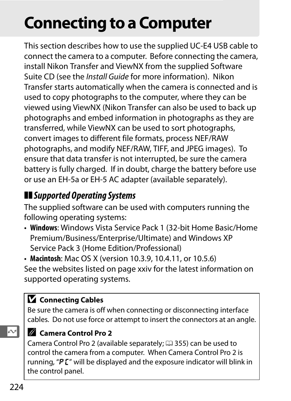 Connecting to a computer, Supported operating systems | Nikon D300s User Manual | Page 250 / 432