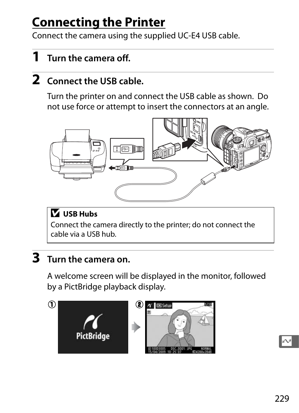 Connecting the printer | Nikon D300s User Manual | Page 255 / 432