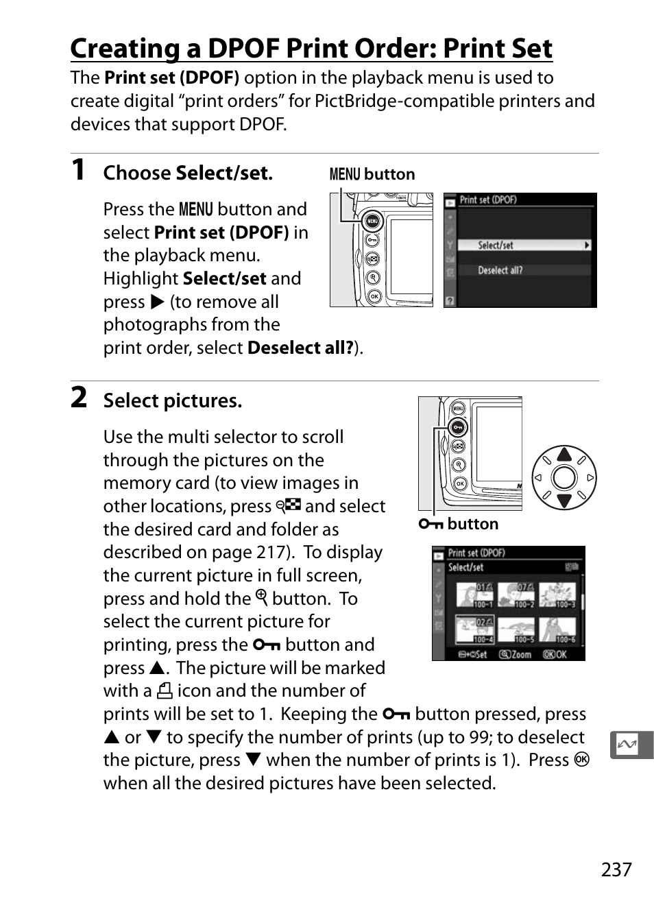 Creating a dpof print order: print set | Nikon D300s User Manual | Page 263 / 432