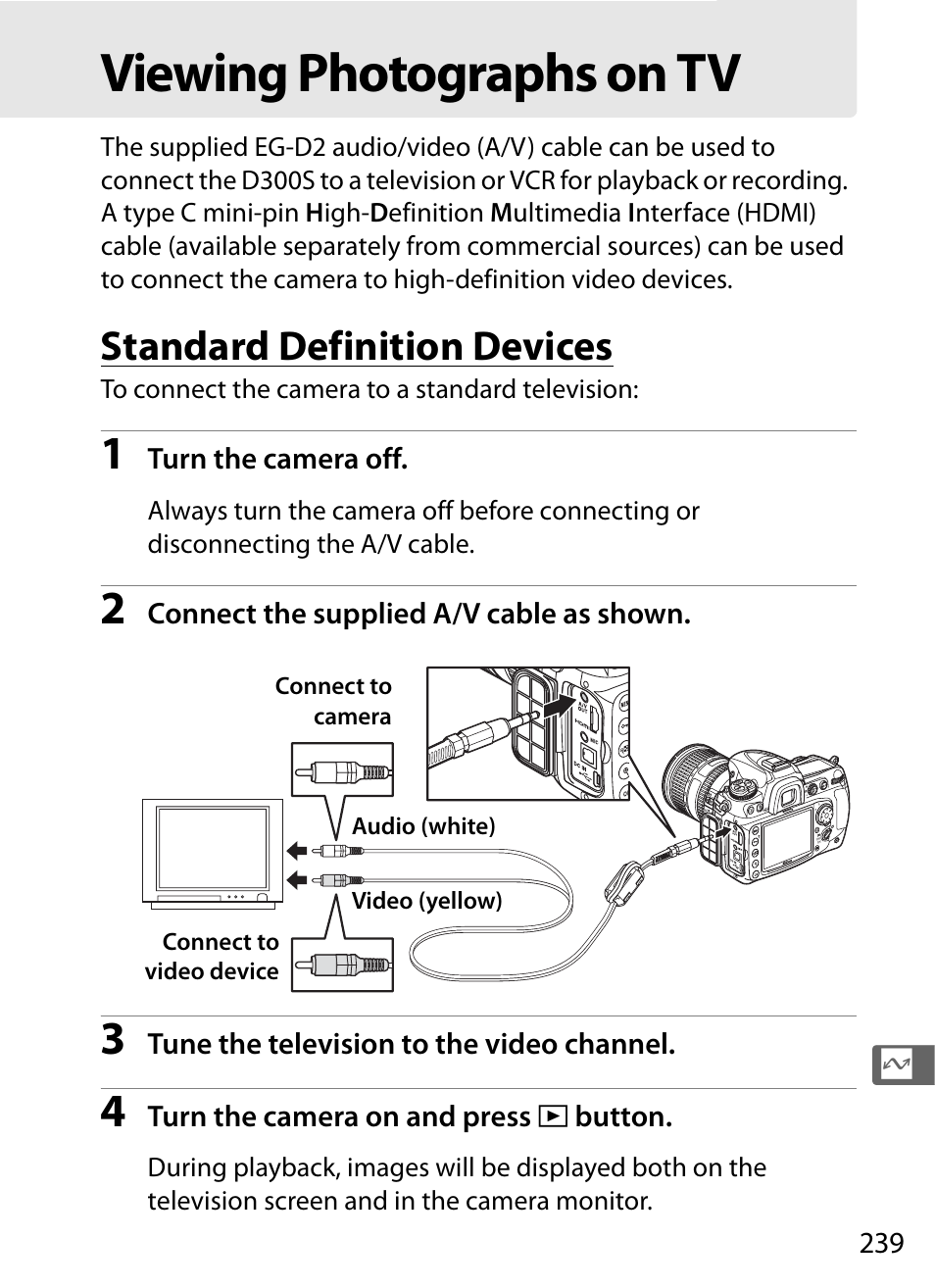 Viewing photographs on tv, Standard definition devices | Nikon D300s User Manual | Page 265 / 432