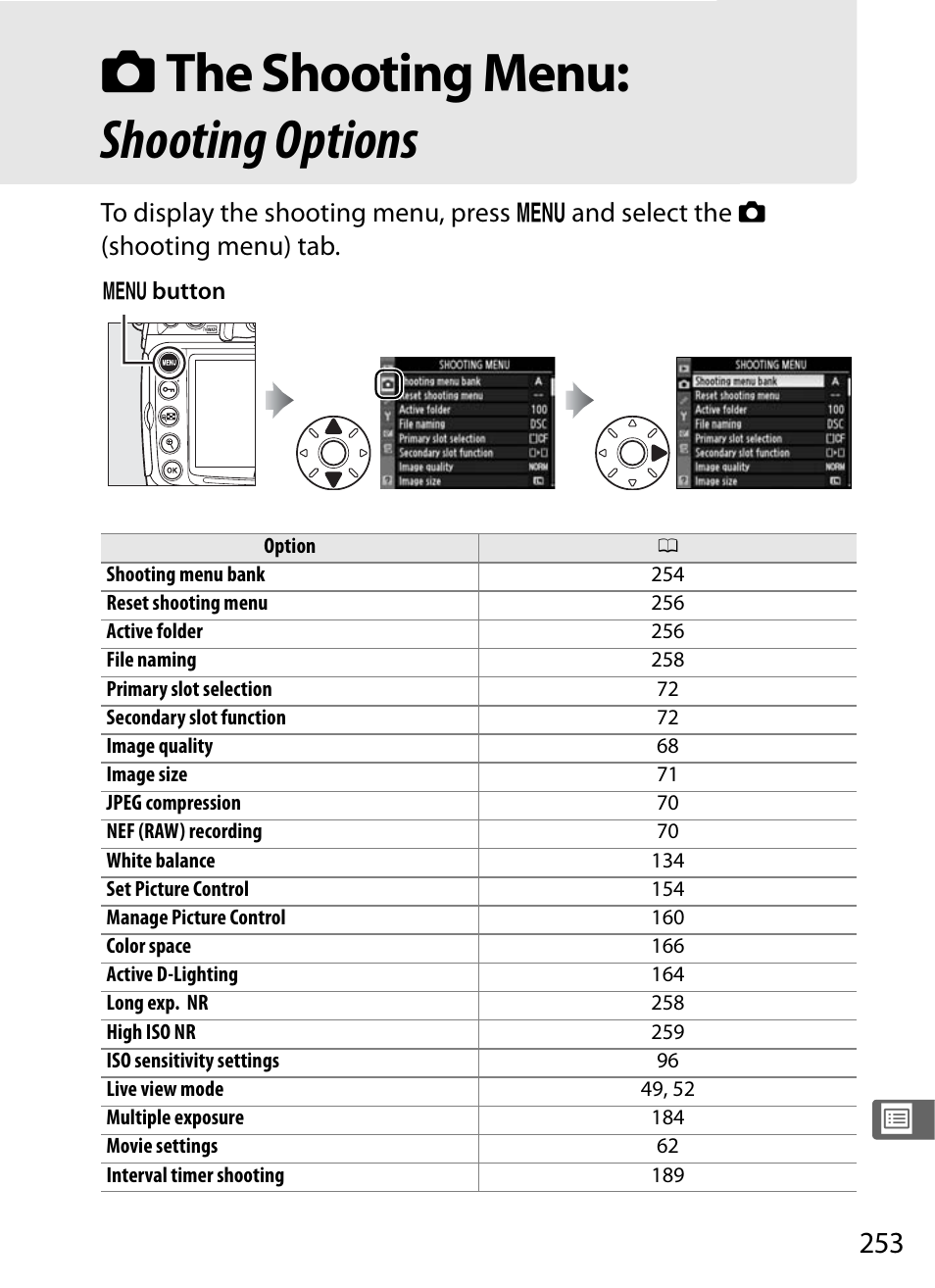 The shooting menu: shooting options, Cthe shooting menu: shooting options | Nikon D300s User Manual | Page 279 / 432