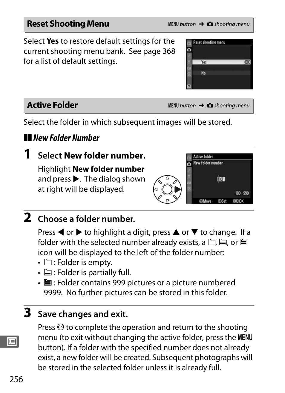 Reset shooting menu, Active folder, New folder number | Nikon D300s User Manual | Page 282 / 432