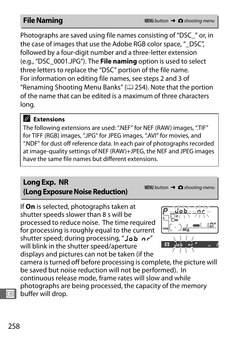 File naming, Long exp. nr (long exposure noise reduction) | Nikon D300s User Manual | Page 284 / 432