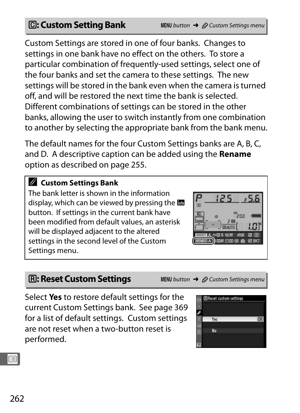 Custom setting bank, Reset custom settings | Nikon D300s User Manual | Page 288 / 432