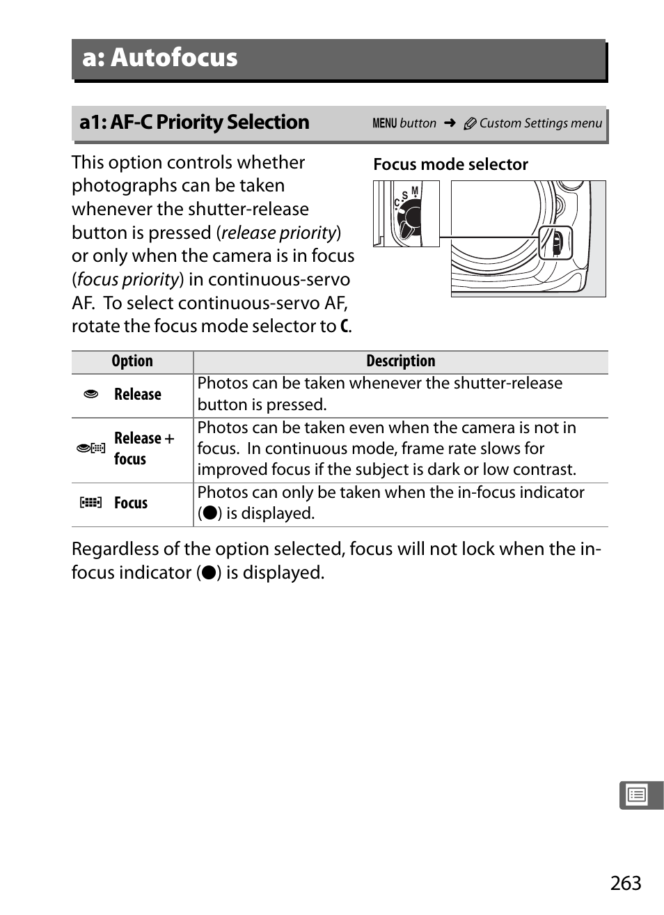 A: autofocus, A1: af-c priority selection | Nikon D300s User Manual | Page 289 / 432