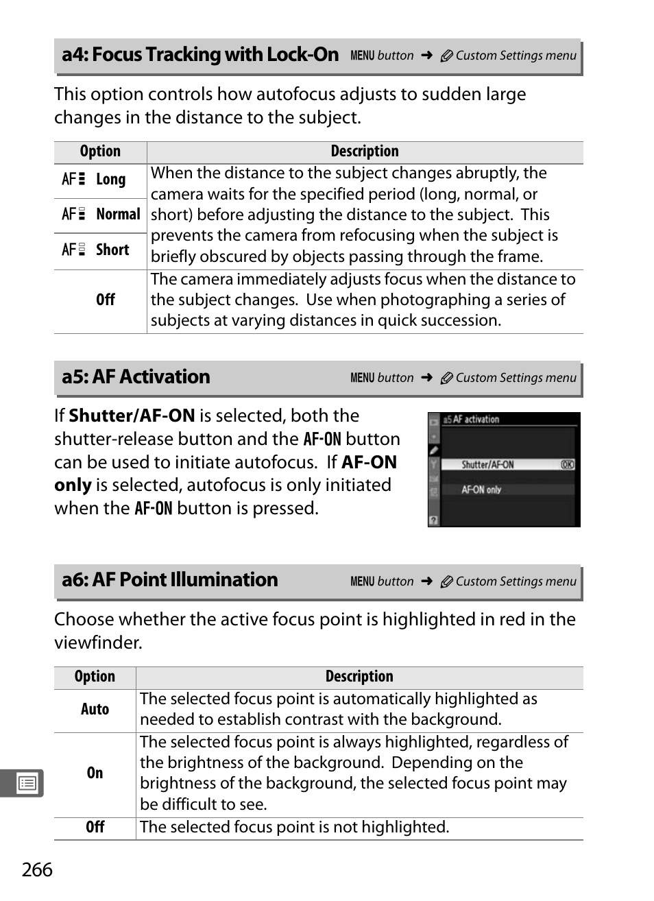 A4: focus tracking with lock-on, A5: af activation, A6: af point illumination | Nikon D300s User Manual | Page 292 / 432