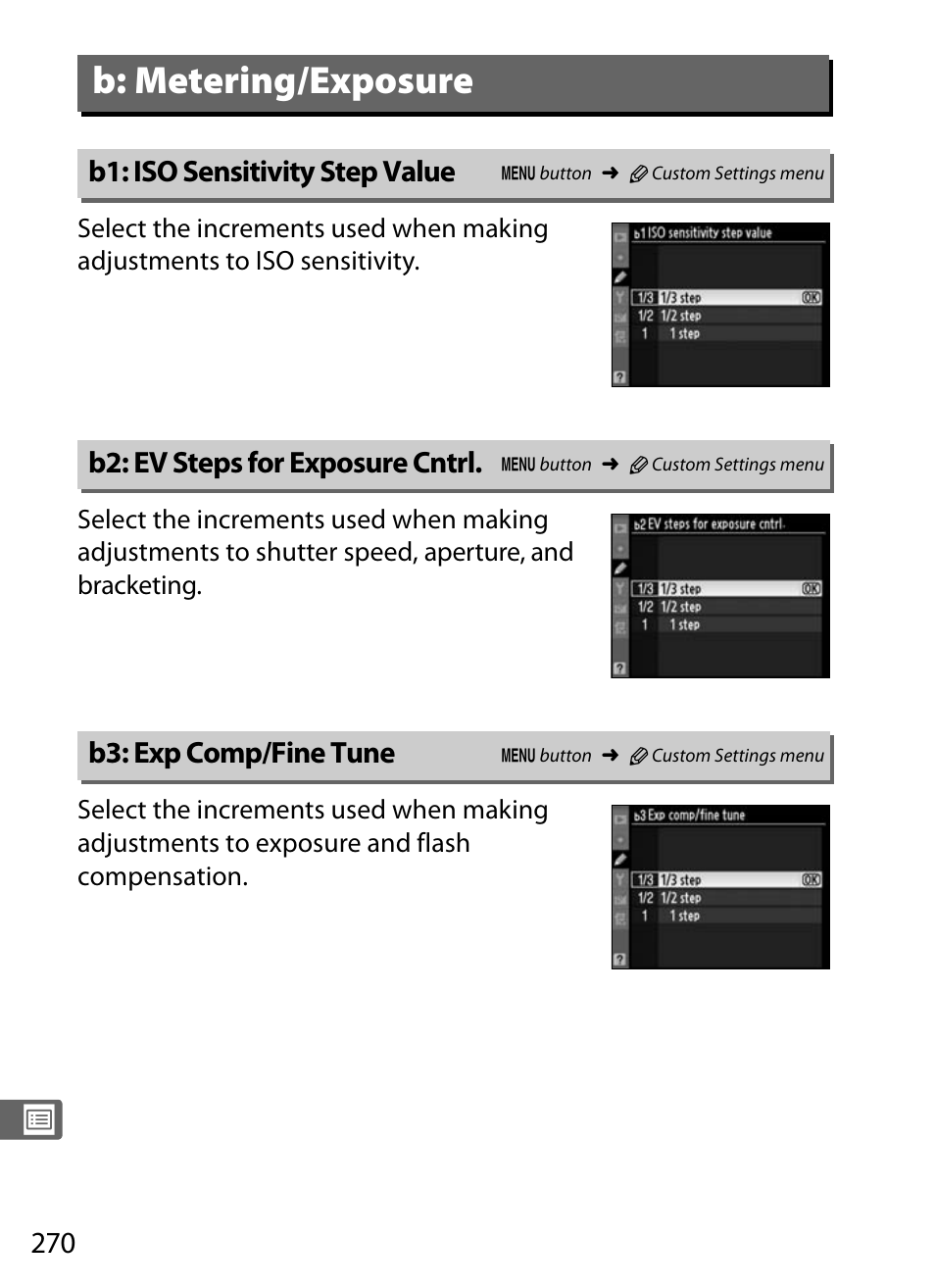 B: metering/exposure, B1: iso sensitivity step value, B2: ev steps for exposure cntrl | B3: exp comp/fine tune | Nikon D300s User Manual | Page 296 / 432