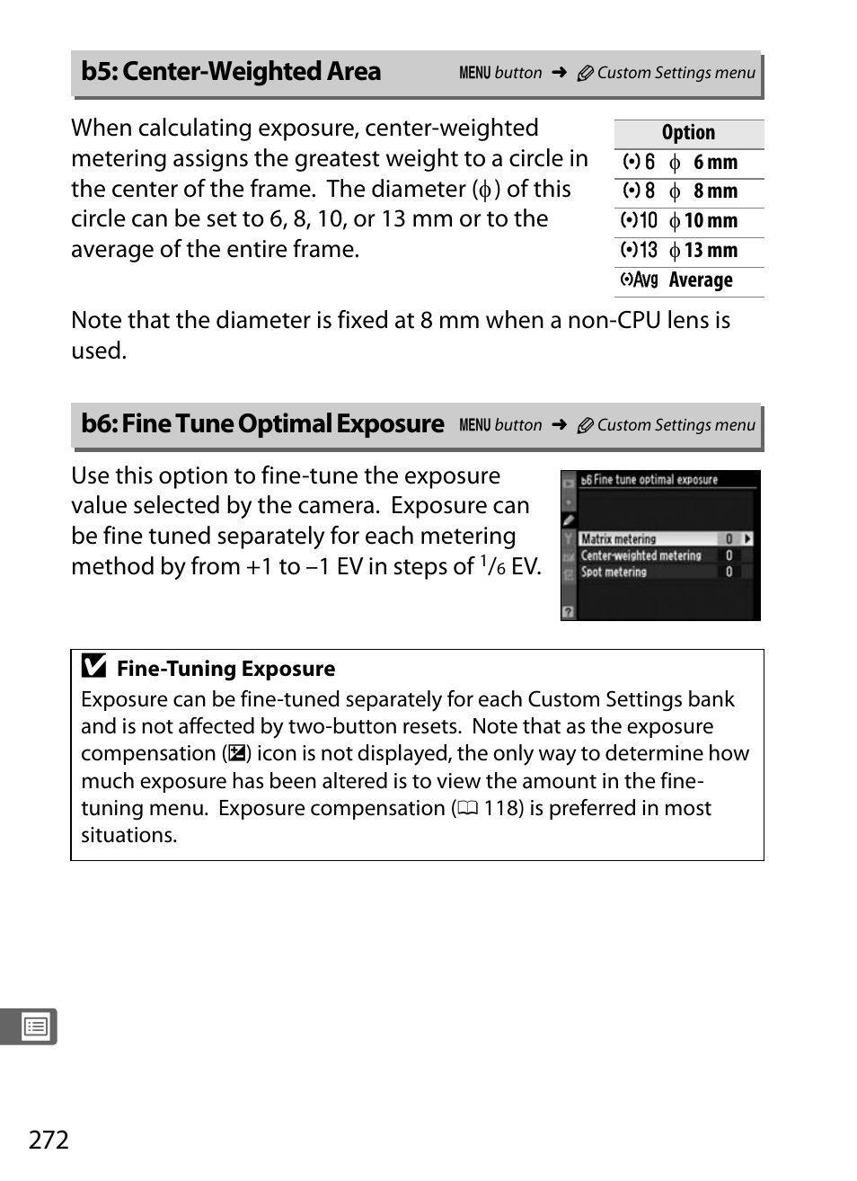 B5: center-weighted area, B6: fine tune optimal exposure | Nikon D300s User Manual | Page 298 / 432