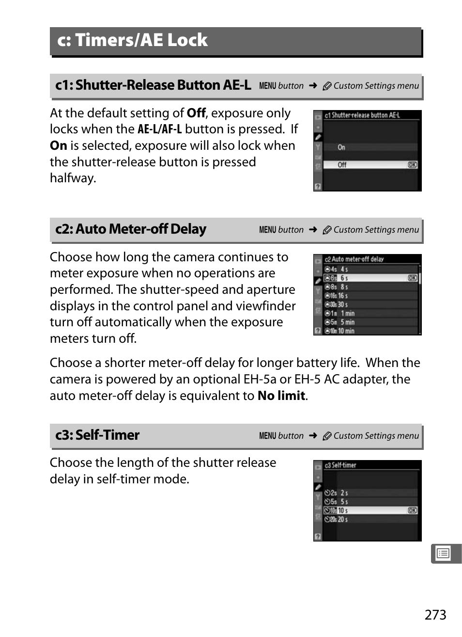 C: timers/ae lock, C1: shutter-release button ae-l, C2: auto meter-off delay | C3: self-timer | Nikon D300s User Manual | Page 299 / 432