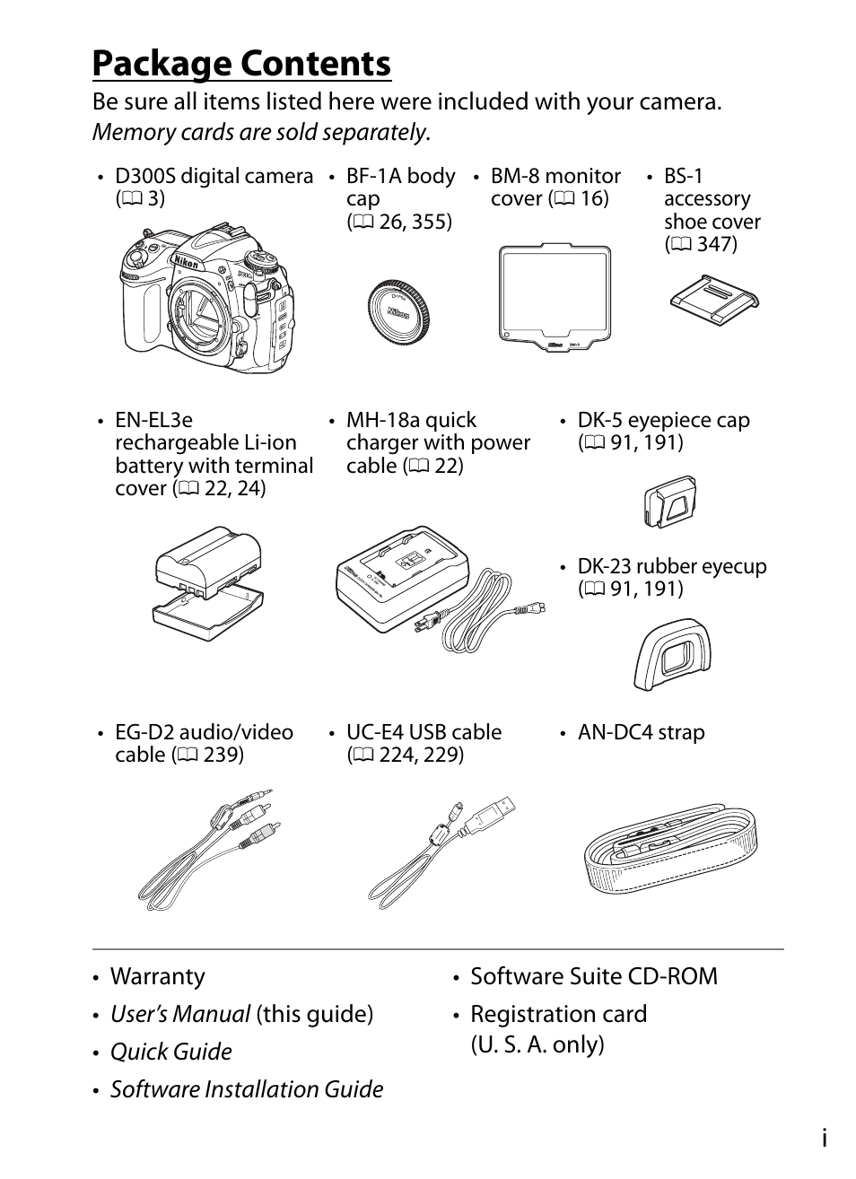 Package contents | Nikon D300s User Manual | Page 3 / 432