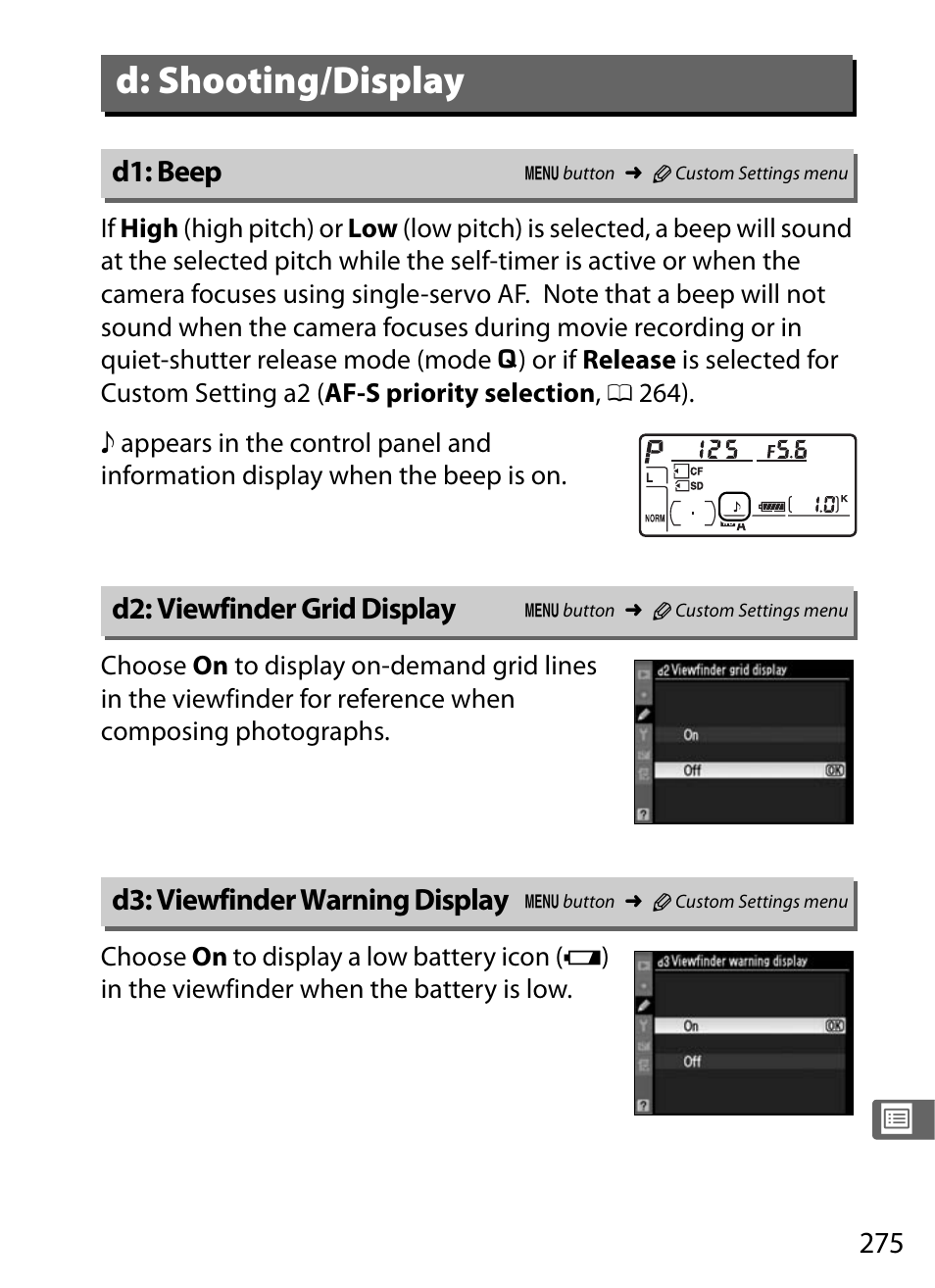 D: shooting/display, D1: beep, D2: viewfinder grid display | D3: viewfinder warning display | Nikon D300s User Manual | Page 301 / 432