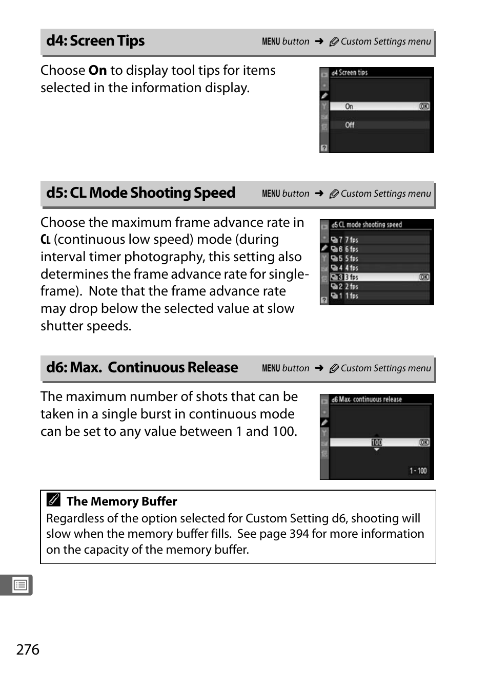 D4: screen tips, D5: cl mode shooting speed, D6: max. continuous release | Nikon D300s User Manual | Page 302 / 432