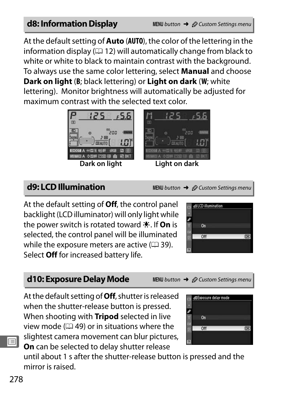 D8: information display, D9: lcd illumination, D10: exposure delay mode | Nikon D300s User Manual | Page 304 / 432