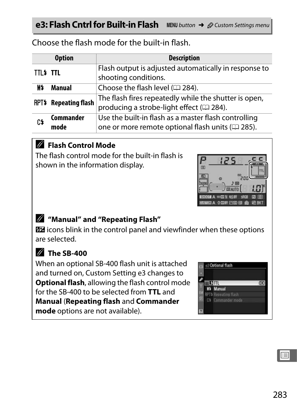 E3: flash cntrl for built-in flash | Nikon D300s User Manual | Page 309 / 432