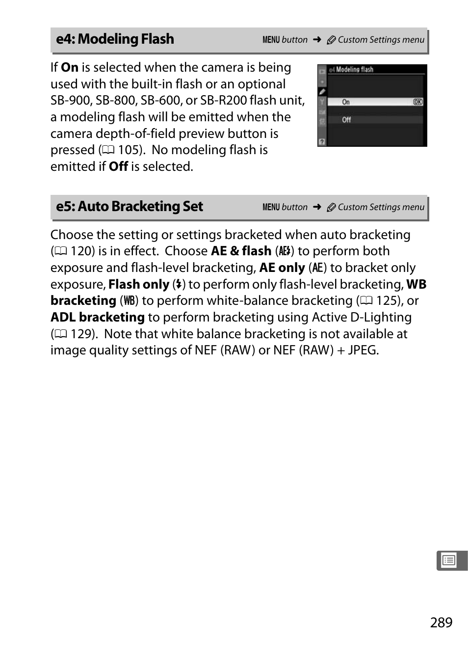 E4: modeling flash, E5: auto bracketing set | Nikon D300s User Manual | Page 315 / 432