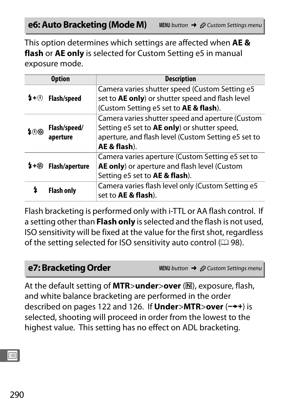 E6: auto bracketing (mode m), E7: bracketing order | Nikon D300s User Manual | Page 316 / 432