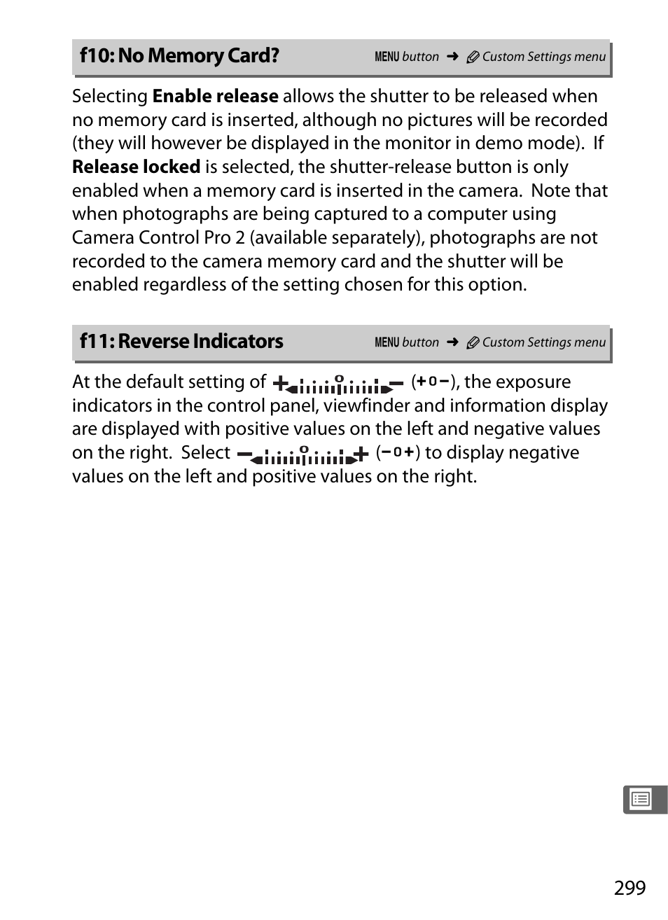 F10: no memory card, F11: reverse indicators | Nikon D300s User Manual | Page 325 / 432