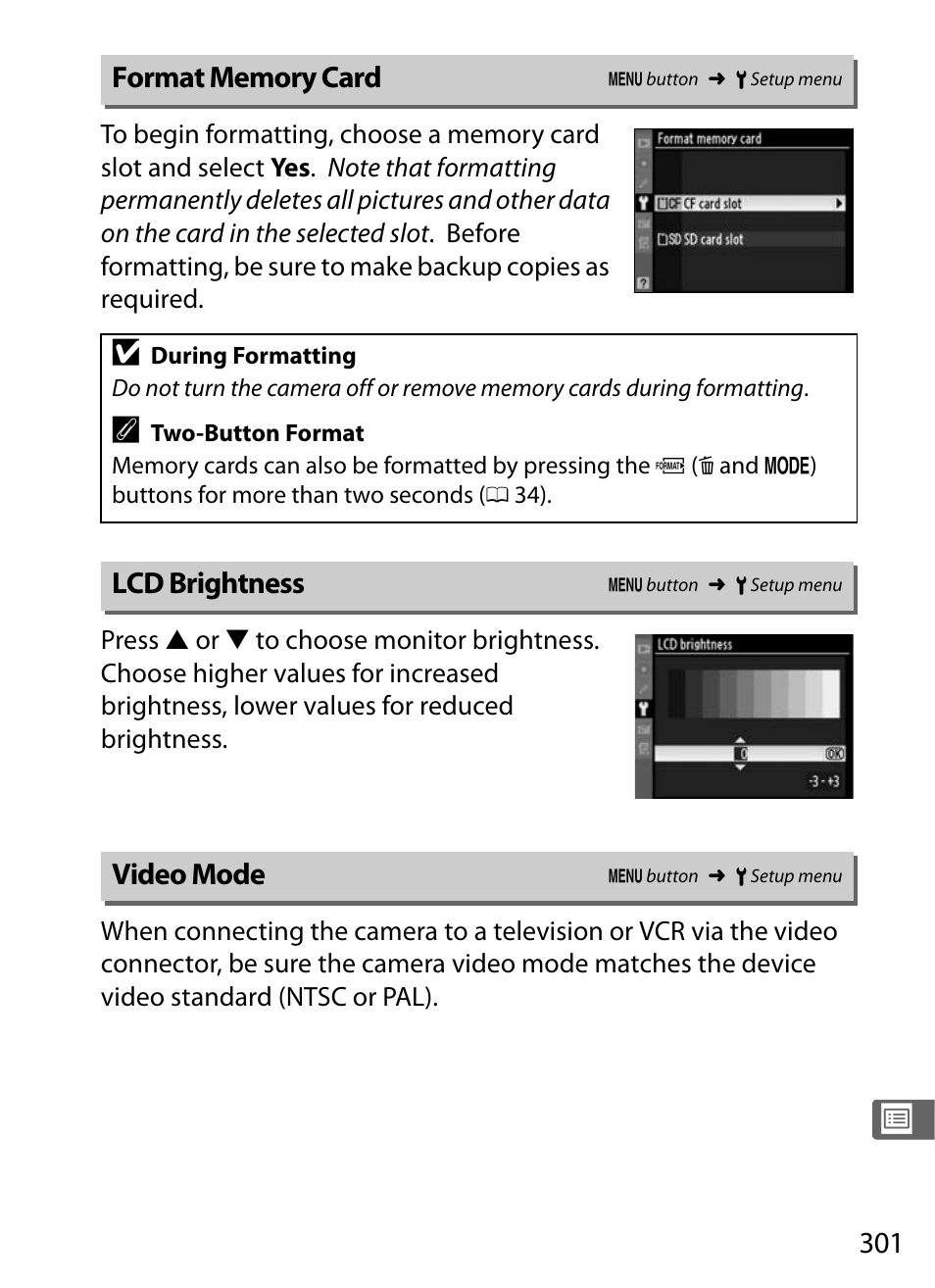 Format memory card, Lcd brightness, Video mode | Nikon D300s User Manual | Page 327 / 432