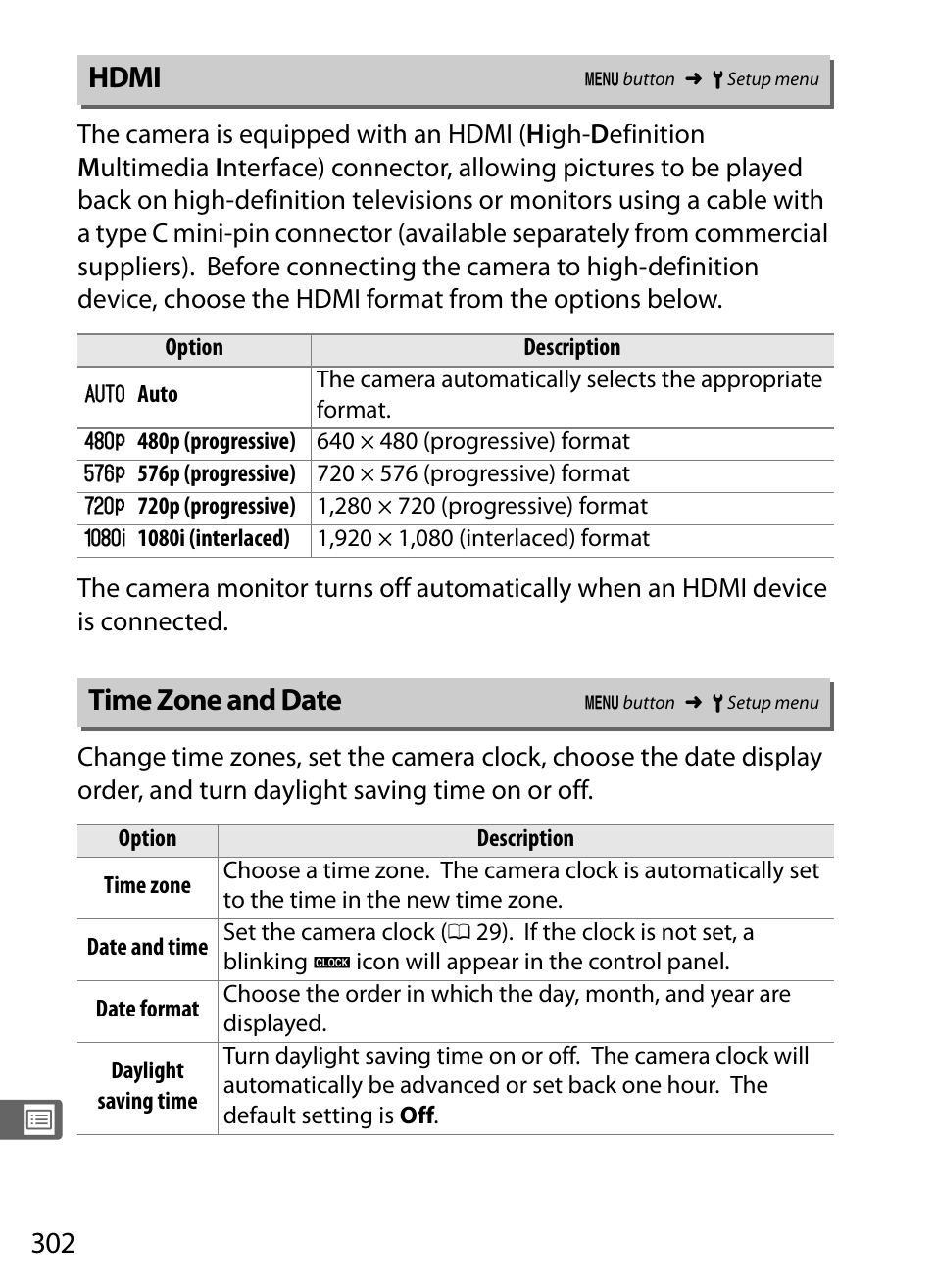 Hdmi, Time zone and date | Nikon D300s User Manual | Page 328 / 432