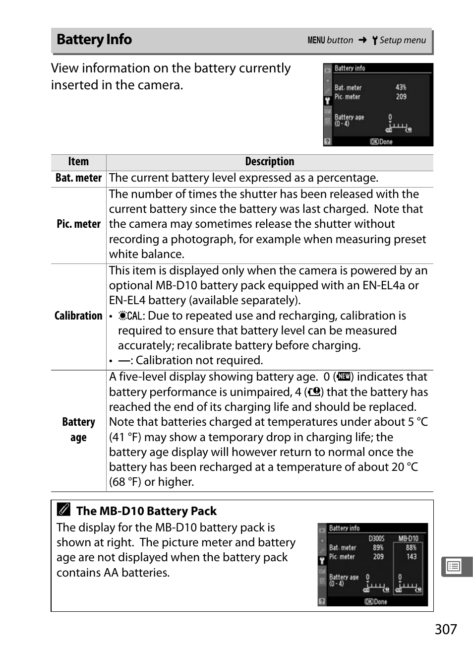 Battery info | Nikon D300s User Manual | Page 333 / 432