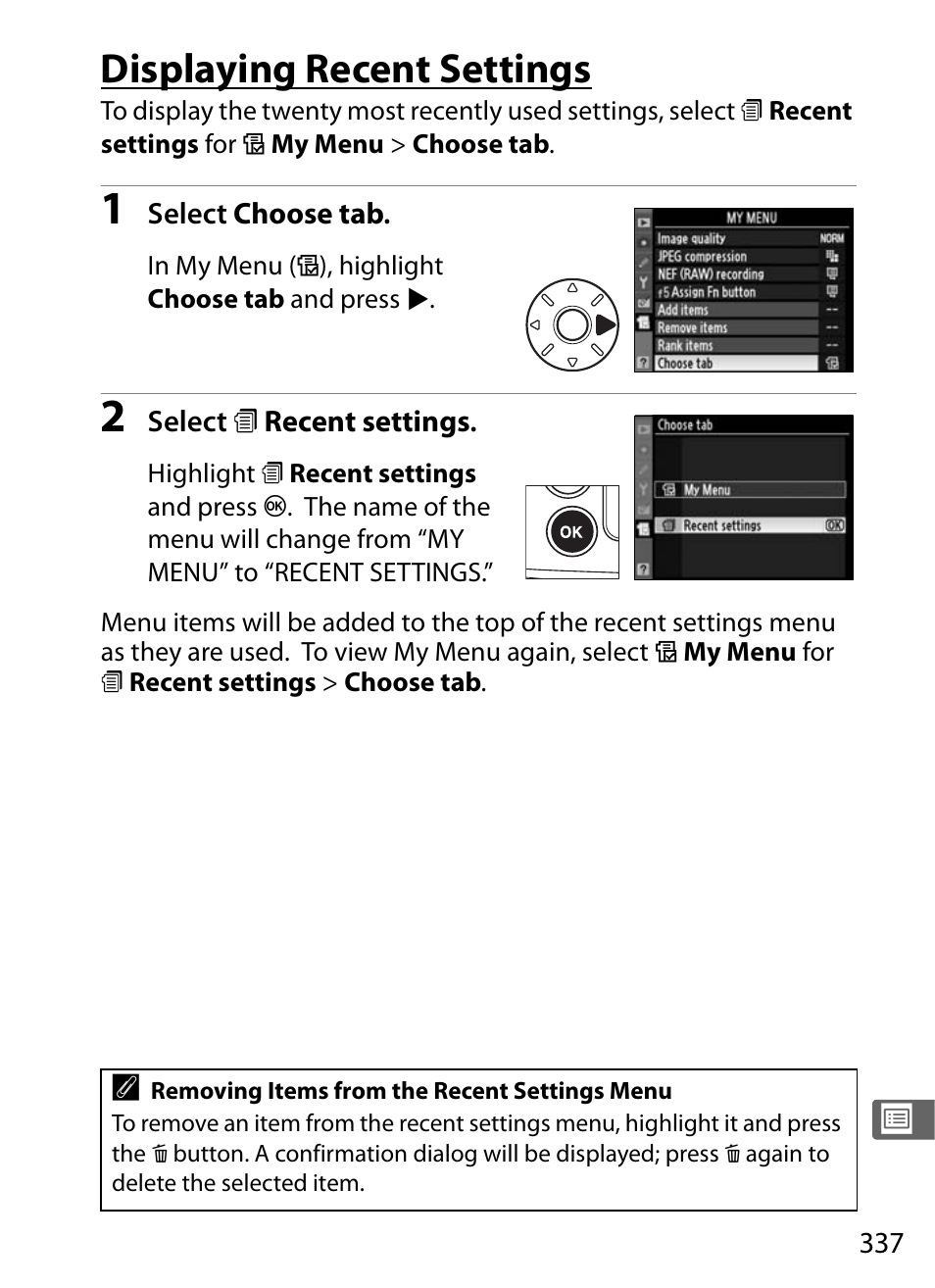 Displaying recent settings | Nikon D300s User Manual | Page 363 / 432