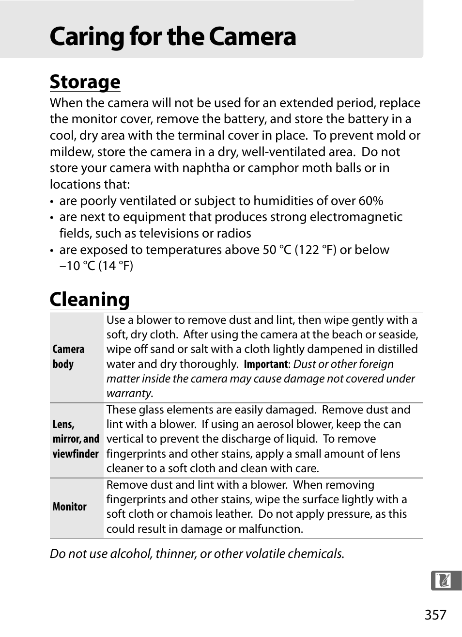 Caring for the camera, Storage, Cleaning | Nikon D300s User Manual | Page 383 / 432