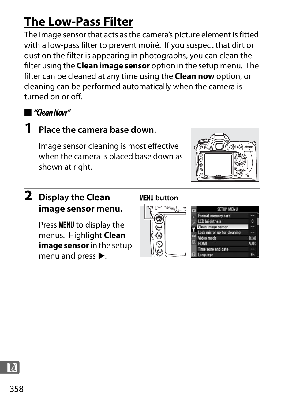 The low-pass filter, Clean now | Nikon D300s User Manual | Page 384 / 432