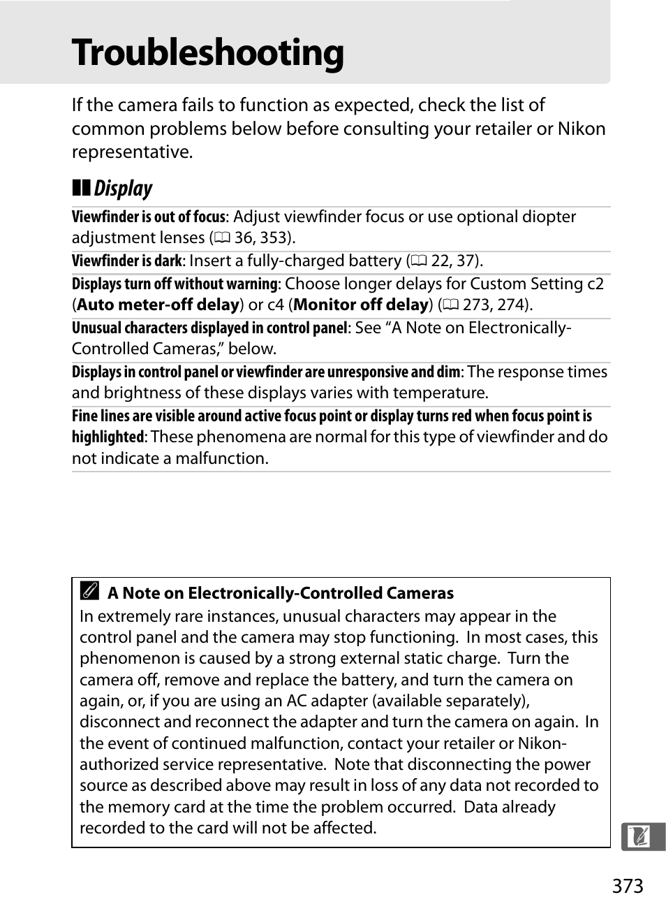 Troubleshooting, Display | Nikon D300s User Manual | Page 399 / 432